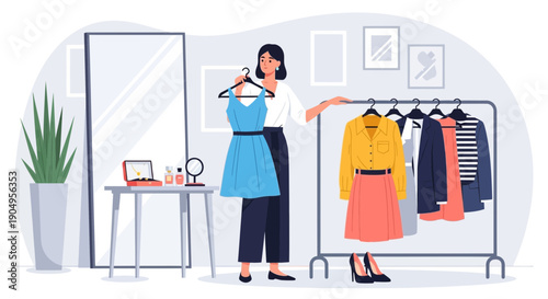 Woman Choosing Outfit from Clothing Rack in Dressing Room.