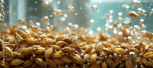 Close-up of Barley Grains Submerged in Water with Air Bubbles in Focus