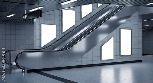 Modern Escalator And Advertising Space In A Contemporary Subway Station