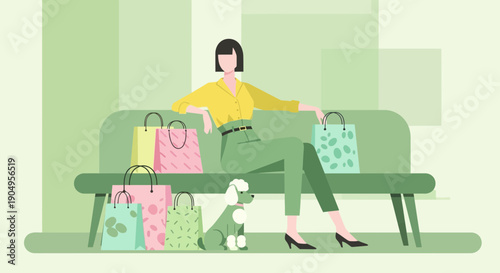 Woman Relaxing on Bench with Shopping Bags and Dog.