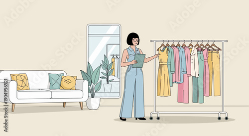 Woman Organizing Clothes on Rack in Fashion Studio.