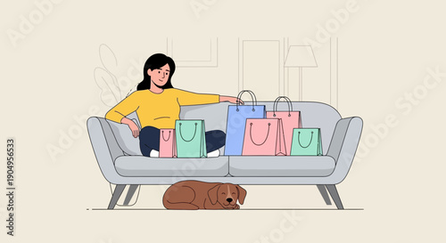 Woman Relaxing on Couch After Shopping with Dog.
