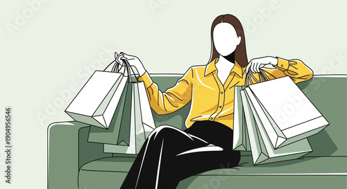 Woman Relaxing on Couch with Shopping Bags After Retail Therapy.