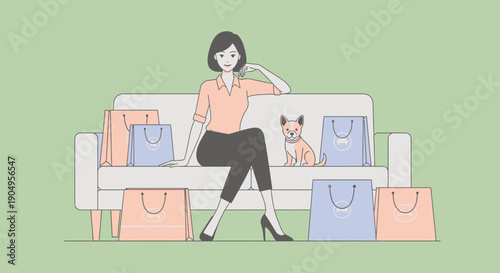 Woman Relaxing on Couch with Shopping Bags and Dog.