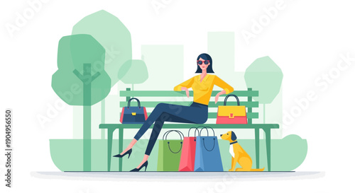 Woman Relaxing on Park Bench After Shopping with Dog.