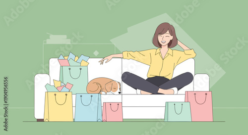 Woman Relaxing on Sofa After Shopping with Dog.