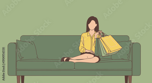 Woman relaxing on sofa after shopping with bags.