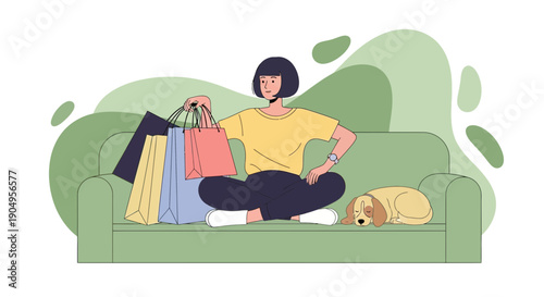 Woman Relaxing on Sofa with Shopping Bags and Sleeping Dog.