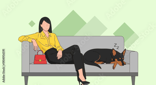 Woman relaxing on sofa with sleeping dog vector illustration.