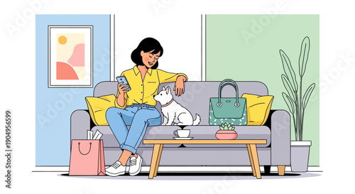 Woman Relaxing with Dog on Sofa Using Smartphone at Home.