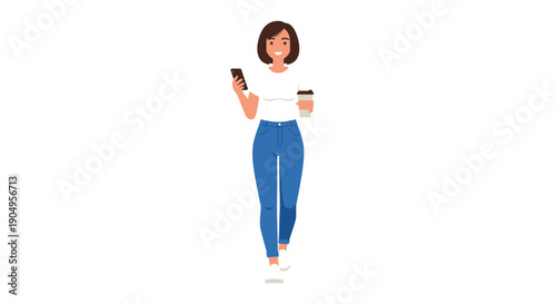 Woman Walking with Coffee and Phone Modern Lifestyle Illustration.