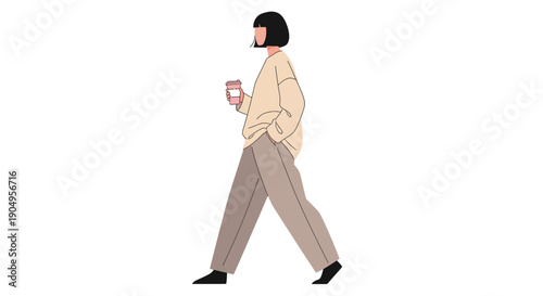 Woman Walking with Drink Casual Style and Modern Lifestyle.