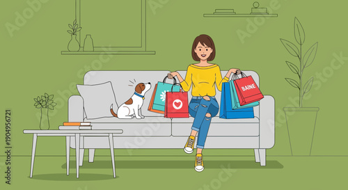 Woman with Shopping Bags and Dog on Sofa Illustration.