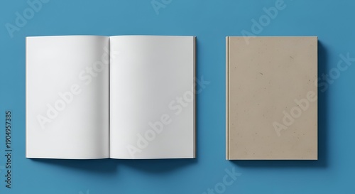Open Book And Closed Book On A Blue Surface With White Pages And Textured Cover