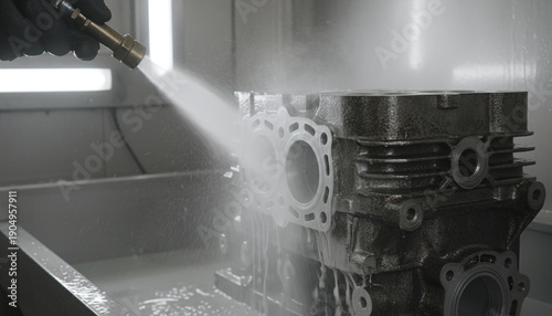 Vapor honing wet blasting process cleaning aluminum engine part