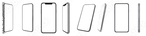 Foto Set and collection of modern smartphone mockups with blank white screens and var