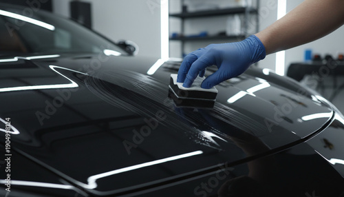 Applying ceramic coating liquid glass on black luxury car hood detail