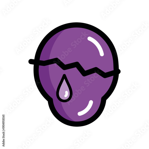 Cracked purple fruit illustration on white background, close-up view of broken surface and single drop.