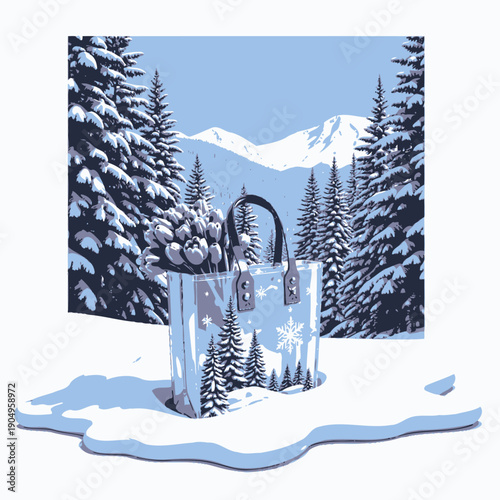Stylish transparent handbag decorated with wintery snowflake motifs, filled with pink tulips, set against a snowy forest and majestic mountain backdrop