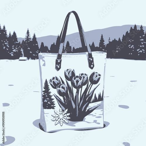 Artistic Bag Design Featuring Pink Tulips with Snowflake Motif in a Serene Winter Landscape Ornamented with Majestic Evergreen Trees