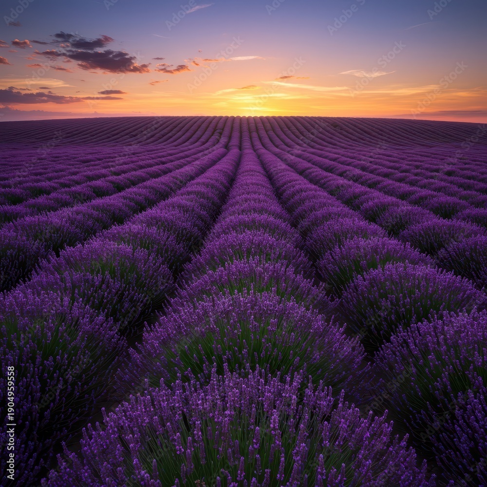 Fototapeta premium Breathtaking view of vast blooming purple lavender flowers covering rolling hills during the beautiful golden hour of a vivid summer sunset. Scenic landscape, vast, idyllic, agriculture