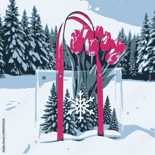 A Clear Handbag Filled with Vibrant Pink Tulips and Miniature Blue Pine Trees Against a Snowy Forest Backdrop