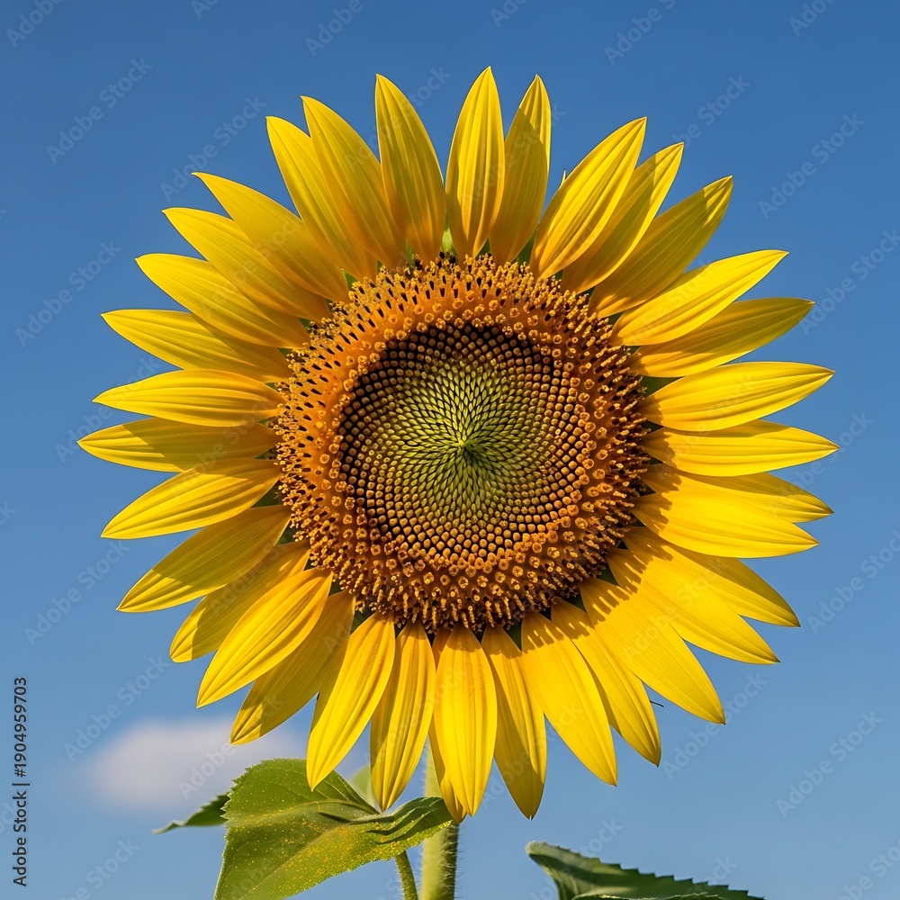 Obraz premium Large bright yellow sunflower with green leaves against blue sky and white cloud