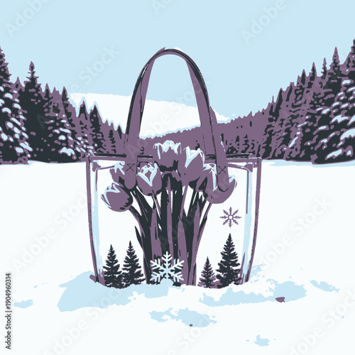 Vibrant Pink Tulips in Transparent Bag Amidst Snowy Winter Wonderland with Evergreen Trees and Blue Sky