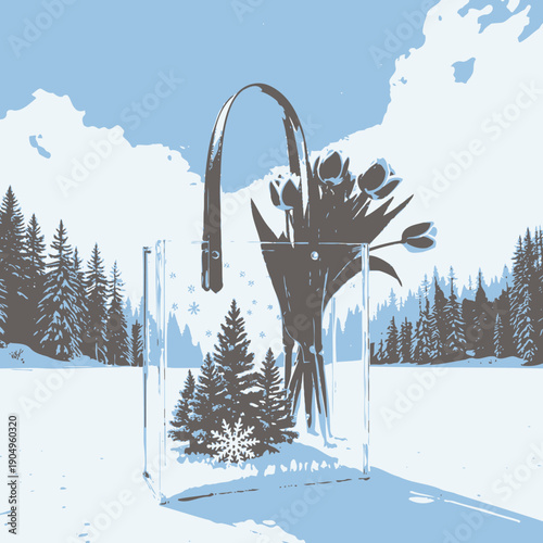A Transparent Bag Showcasing Evergreen Trees and Fresh Tulips amidst a Serene Snow-Covered Winter Landscape with Clear Blue Skies