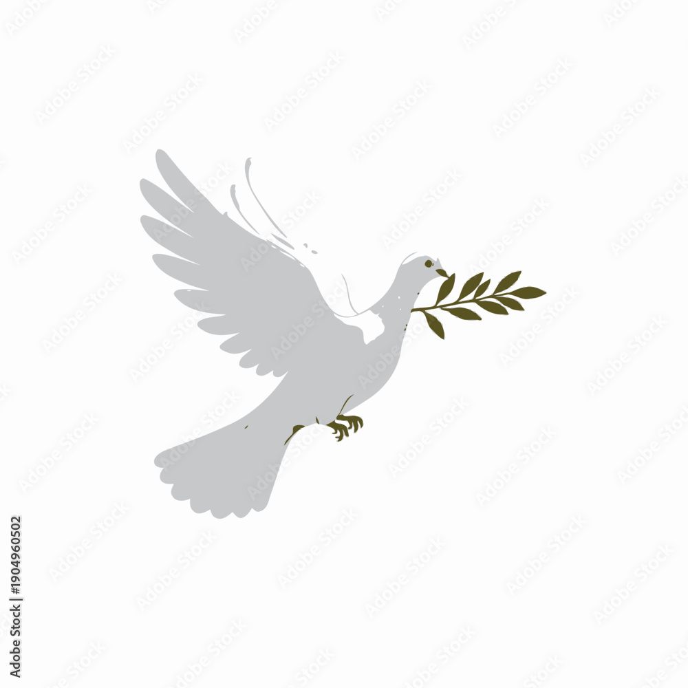 Obraz premium Illustration of a white dove gracefully flying with an olive branch in its beak symbolizing peace, harmony, and hope against a minimalist background