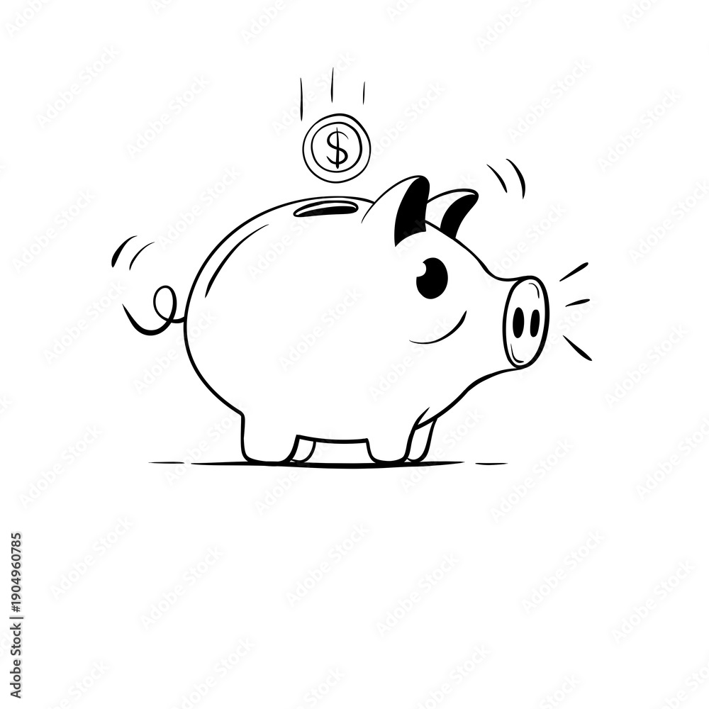 Obraz premium Piggy Bank Line Art Illustration – Hand Drawn Money Saving Concept with Coin Falling into Piggybank, Isolated on White Background