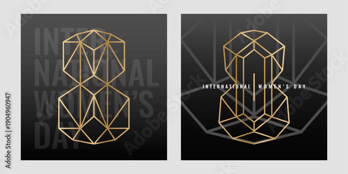 Gold Wireframe International Womens Day Poster Faceted Geometric Number 8 on Charcoal Gradient for Commemorative and CSR Branding