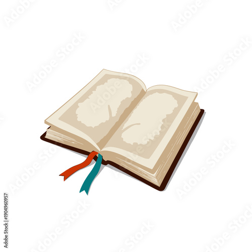 Illustration of an Open Book with Blank Pages and Colorful Ribbons, Symbolizing Creativity, Knowledge, and Endless Possibilities in Education and Literature