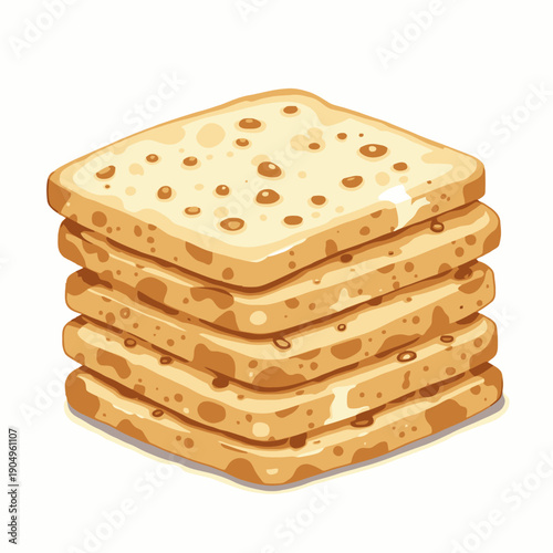 Illustration of a stack of five crispbread slices with various textures and shades of brown, showcasing food concepts of snack, crunchiness, and simplicity