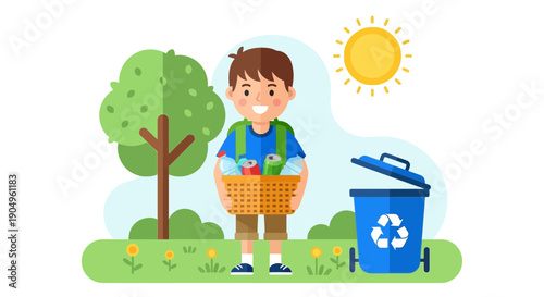 Boy Collecting Recyclables in Basket Near Recycling Bin.