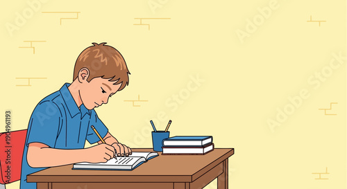 Boy Concentrating on Homework at Desk.
