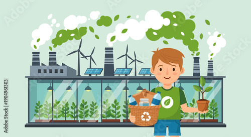 Boy Promoting Environmental Sustainability with Recycling and Planting.