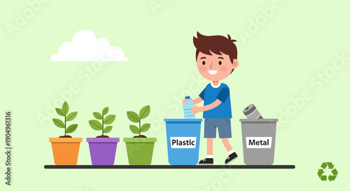 Boy Recycling Plastic and Metal for Environmental Conservation.