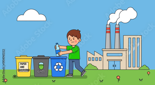 Boy Recycling Plastic Bottle Near Factory Illustration.