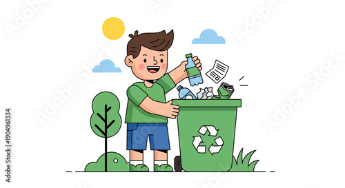 Boy Recycling Waste into Green Bin for Environmental Conservation.