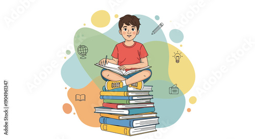 Boy Sitting on Stack of Books Reading with Educational Icons.