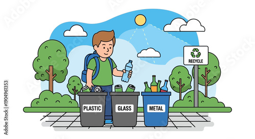 Boy Sorting Recyclables into Bins Plastic Glass and Metal.