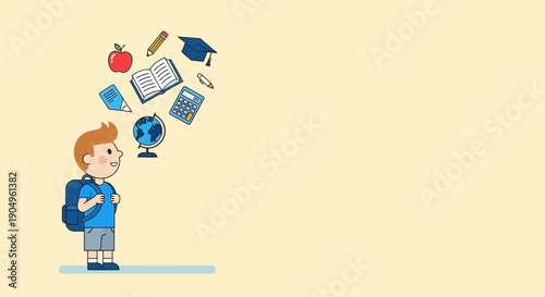 Cartoon Boy with Backpack Surrounded by School Supplies.