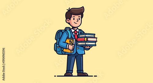 Cartoon Student Carrying Books and Backpack Ready for School.