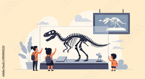 Dinosaur Skeleton Exhibit Children Exploring Prehistoric Fossils in Museum.