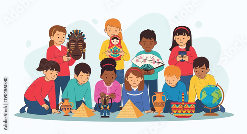 Diverse Children Exploring Cultural Artifacts in Educational Setting.