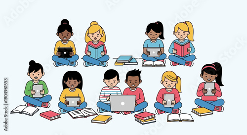 Diverse group of children engrossed in reading and learning activities.