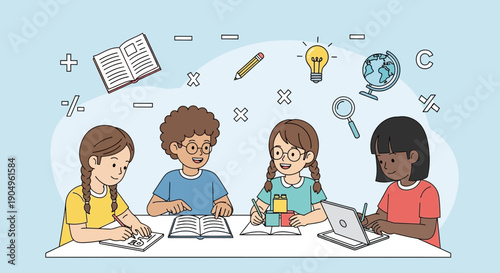 Diverse students collaborating on projects at a table with educational symbols.