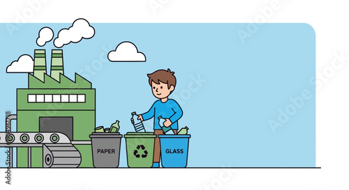 Recycling Process Illustration Man Sorting Waste at Recycling Plant.