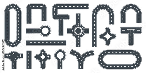 Street and Highway Road Vector Collection with Asphalt Paths in Top View, Featuring Urban and Rural Transportation Infrastructure, Lane Markings, City Winding Roads, Traffic Ways, and GPS Direction
